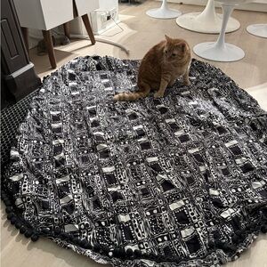 Mid Century Modern unique Black and White Patterned Tablecloth with Pom poma